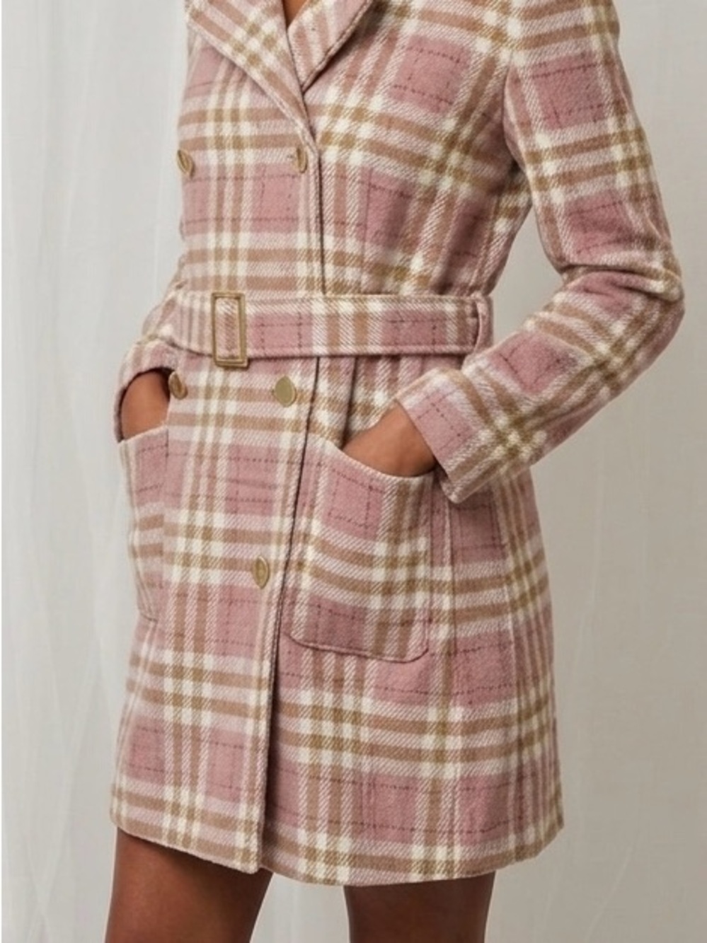Alice Blue Pink Plaid Belted Wool-Blend Coat